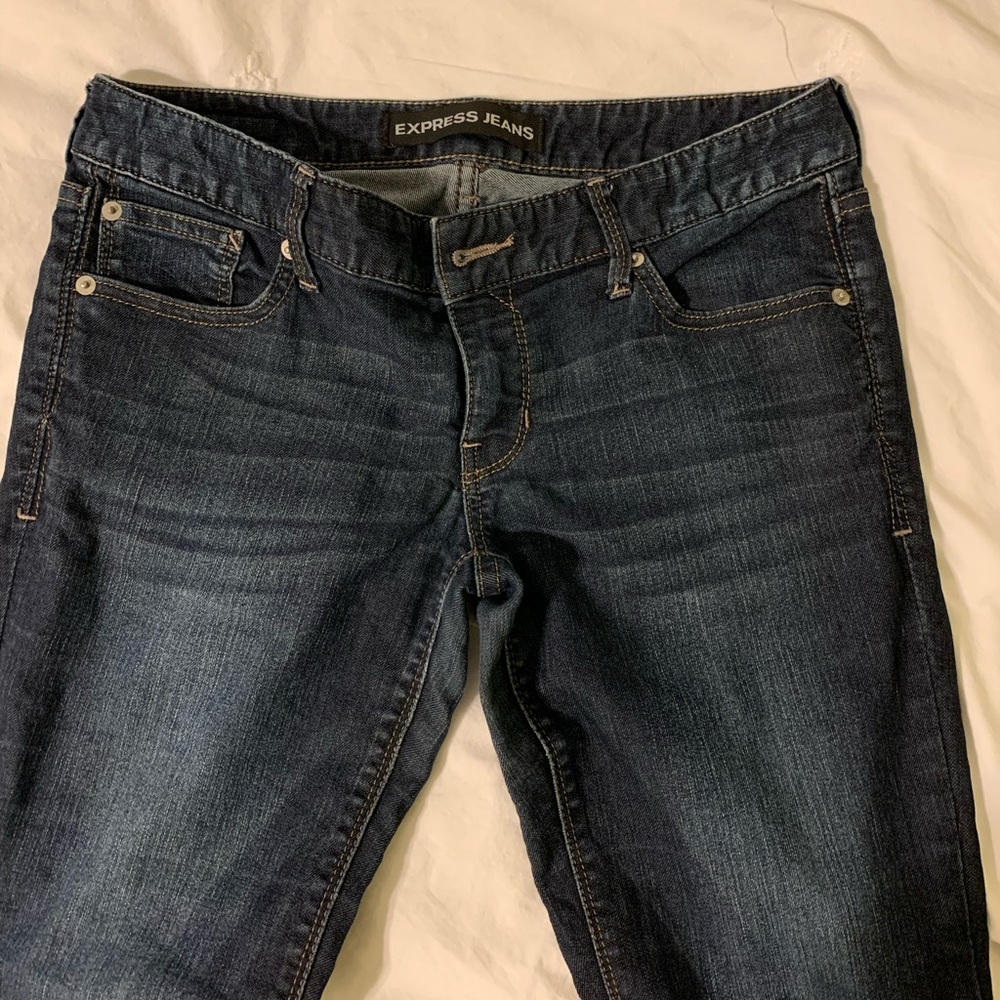 Express low-rise dark wash boot cut jeans